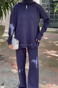 Lamelif Fermuar Detaylı Pantolon Tesettür Takım Lacivert