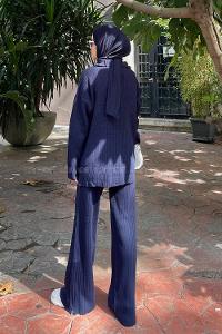 Lamelif Fermuar Detaylı Pantolon Tesettür Takım Lacivert