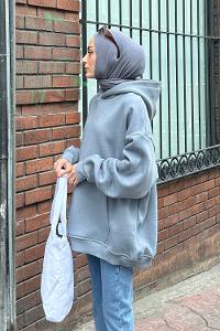 Lamelif Kapüşonlu 3 İplik Kanguru Cep Şardonlu Beli Lastikli Sweatshirt Gri