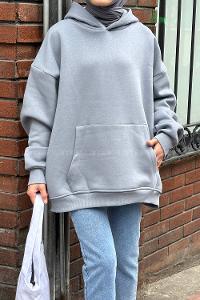 Lamelif Kapüşonlu 3 İplik Kanguru Cep Şardonlu Beli Lastikli Sweatshirt Gri