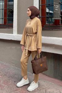 Brown With Milk Mandarin Collar Long Arm Without Accessories Knitwear Regular Trousers Comfortable Suit