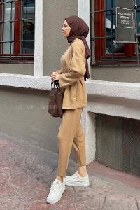 Brown With Milk Mandarin Collar Long Arm Without Accessories Knitwear Regular Trousers Comfortable Suit