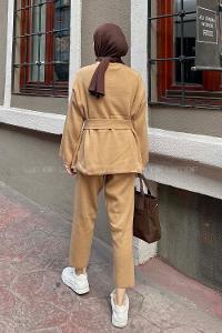 Brown With Milk Mandarin Collar Long Arm Without Accessories Knitwear Regular Trousers Comfortable Suit