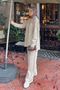 Lamelif  Polo Yaka Düğmeli Tesettür Takım Taş