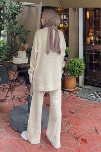 Lamelif  Polo Yaka Düğmeli Tesettür Takım Taş