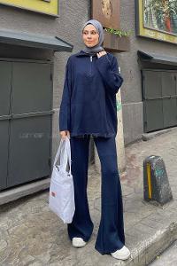 Lamelif Selanik Pantalonlu Tesettür Takım Lacivert