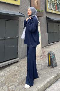 Lamelif Selanik Pantalonlu Tesettür Takım Lacivert