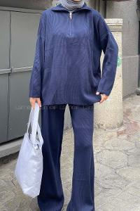 Lamelif Selanik Pantalonlu Tesettür Takım Lacivert