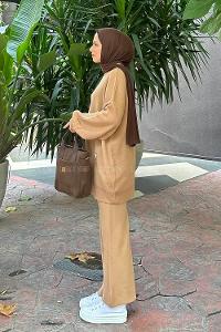 Brown With Milk Turtle Neck Balloon Sleeve Arm Knitwear Regular Trousers Comfortable Suit