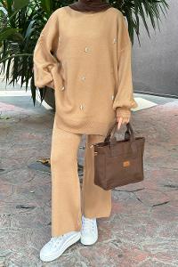 Brown With Milk Turtle Neck Balloon Sleeve Arm Knitwear Regular Trousers Comfortable Suit