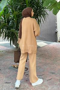 Brown With Milk Turtle Neck Balloon Sleeve Arm Knitwear Regular Trousers Comfortable Suit