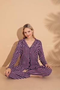 Lamelif Çizgi Desenli Gömlek Yaka Pijama Seti