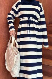 Lamelif Bebe Yaka Detaylı Çizgili Triko Tesettür Elbise Lacivert