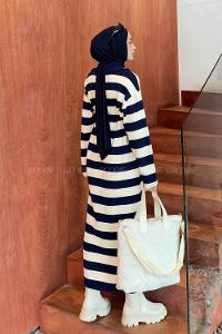 Lamelif Bebe Yaka Detaylı Çizgili Triko Tesettür Elbise Lacivert