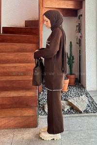 Lamelif Cep Detay Görünümlü Triko Tesettür Takım Acı Kahve