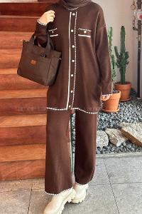 Lamelif Cep Detay Görünümlü Triko Tesettür Takım Acı Kahve