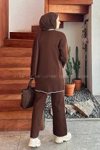 Lamelif Cep Detay Görünümlü Triko Tesettür Takım Acı Kahve