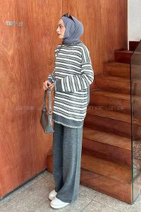 Gray Medium Crew Neck Long Arm Knitwear Regular Trousers Comfortable Suit