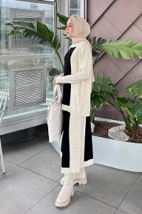 Lamelif Fitilli Kumaş Triko Tesettür Takım Krem