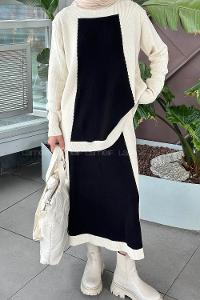 Lamelif Fitilli Kumaş Triko Tesettür Takım Krem