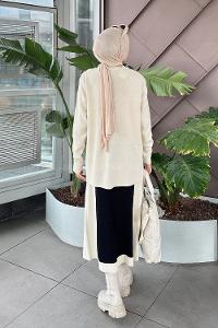 Lamelif Fitilli Kumaş Triko Tesettür Takım Krem