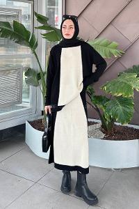 Lamelif Fitilli Kumaş Triko Tesettür Takım Siyah