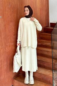 Lamelif Fitilli Triko Etekli Tesettür Takım Ekru