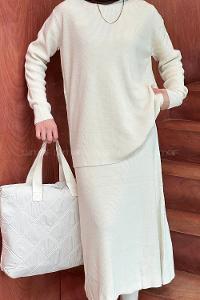Lamelif Fitilli Triko Etekli Tesettür Takım Ekru
