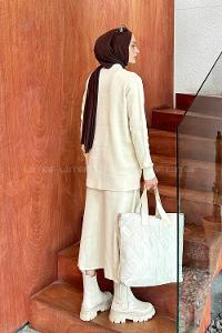 Lamelif Fitilli Triko Etekli Tesettür Takım Ekru