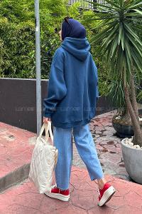 Lamelif Kapüşonlu 3 İplik Kanguru Cep Şardonlu Beli Lastikli Sweatshirt Lacivert