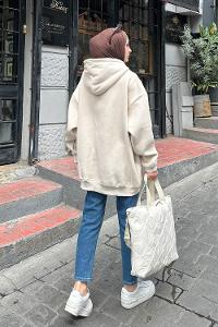 Lamelif Önü Fermuarlı Kapüşonlu 3 İplik Sweatshirt Hırka Krem