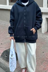 Lamelif Önü Fermuarlı Kapüşonlu 3 İplik Sweatshirt Hırka Lacivert