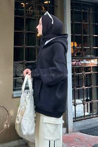 Lamelif Önü Fermuarlı Kapüşonlu 3 İplik Sweatshirt Hırka Siyah