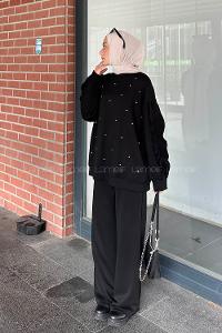 Lamelif Oysho Kumaş Kol Fırfır Detaylı Tesettür Takım Siyah