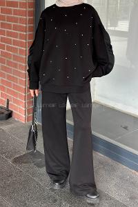 Lamelif Oysho Kumaş Kol Fırfır Detaylı Tesettür Takım Siyah