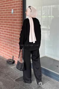 Lamelif Oysho Kumaş Kol Fırfır Detaylı Tesettür Takım Siyah