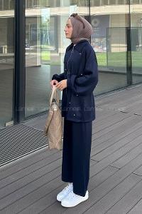 Lamelif Pileli Taş Detaylı Scuba Tesettür Takım Lacivert