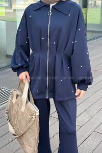 Lamelif Pileli Taş Detaylı Scuba Tesettür Takım Lacivert