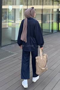 Lamelif Pileli Taş Detaylı Scuba Tesettür Takım Lacivert