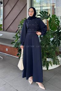 Lamelif Scuba Kumaş Taş Detaylı Tesettür Elbise Lacivert