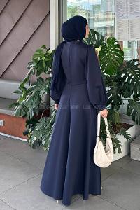 Lamelif Scuba Kumaş Taş Detaylı Tesettür Elbise Lacivert