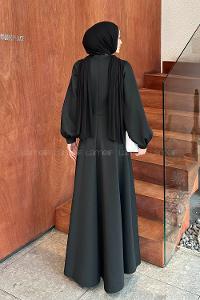 Lamelif Scuba Kumaş Taş Detaylı Tesettür Elbise Siyah