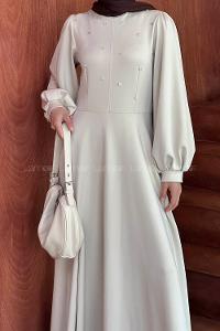 Lamelif Scuba Kumaş Taş Detaylı Tesettür Elbise Taş Rengi