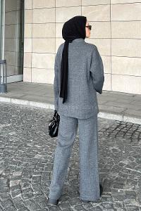 Lamelif Yaka Detay İkili Tesettür Takım Antrasit