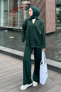 Lamelif Yaka Detay İkili Tesettür Takım Zümrüt