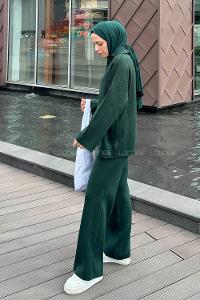 Lamelif Yaka Detay İkili Tesettür Takım Zümrüt