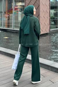 Lamelif Yaka Detay İkili Tesettür Takım Zümrüt