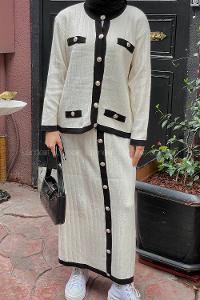 Lamelif Cep Detaylı Düğme Detaylı Triko Tesettür Takım Ekru