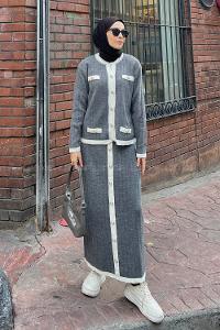 Lamelif Cep Detaylı Düğme Detaylı Triko Tesettür Takım Gri