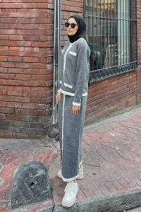 Lamelif Cep Detaylı Düğme Detaylı Triko Tesettür Takım Gri